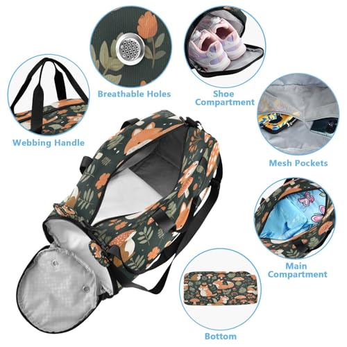 YETTASBIN Sport Travel Duffel Bag for Girls Boys, Cute Fox Large Waterproof Weekender Overnight Bag, Detachable Shoulder Strap Gym Bag with Shoe Compartment & Wet Pocket4