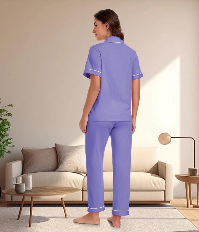 Image of CF 100% Cotton Pajamas for Women Set 2 Piece Short Sleeve Tops and Long Pants Comfy Well-Fitted Loungewear Set Pj Sets