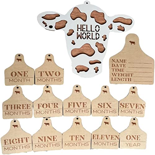 Image of 14PCS Wooden 3D Cow Themed Baby Monthly Milestone Markers, Personalized Monthly Baby Milestone Cards, Wood Birth Announcement for Newborn Baby (A)