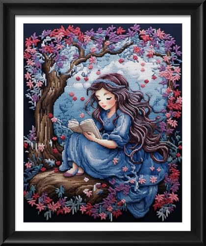Image of Leczany Cross Stitch Stamped Kit for Adults - Reading | DIY Embroidery Starter Patterns Craft Kit Needlepoint for Beginner | 11CT, 3 Strands | 13.4x16.5 inches