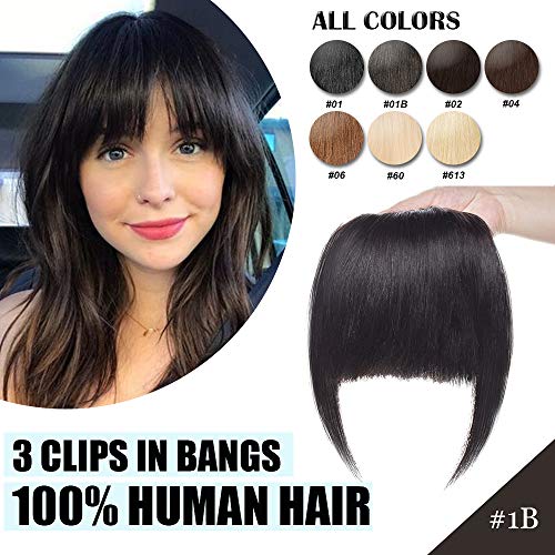Clip in Real Human Hair Bangs with Temples Short Straight Front Hairpiece Two Side Fringe Neat Side Bang Fashion Cute One Piece Hand Tied Hair Extension for Women #1B Natural Black
