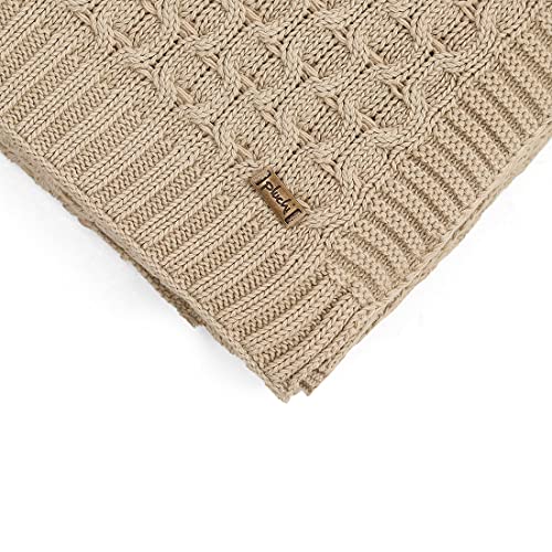 Image of Pluchi Kelly Knit Cotton Knitted Textured All Season AC Throw Blanket for Sofa (Luxurious,125cm X 150cm, 49 x 59 Inches) (Stone)