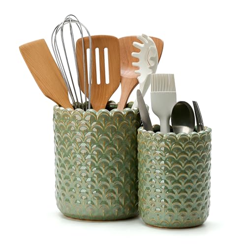 JIEMEI HOME Kitchen Utensil Holder, Large 7.5″+6.2″ Petal Ceramic Utensil Crock for Countertop, Utensil Holder with Cork Mat, Morden Utensil Organizer for Spatula, Kitchen Decor, Set of 2- Green