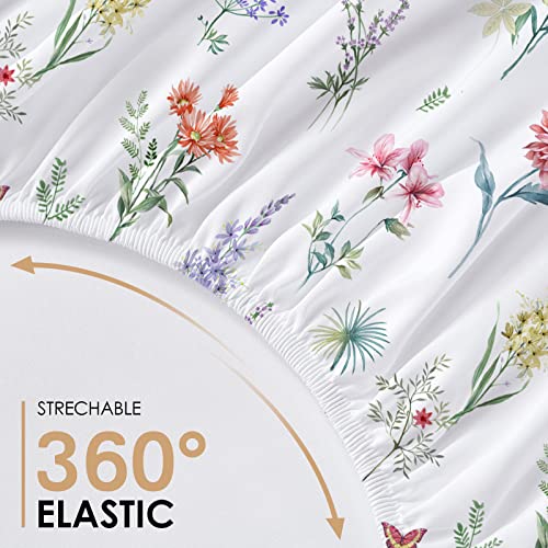 Yiyea Queen Fitted Sheet Only - Floral Print -100% Brushed Microfiber 1800 Thread Egyptian Quality Fitted Sheet Queen Size - Ultra Soft - 16" Deep Pocket - Shrinkage & Fade Resistant (Queen) #TOP3
