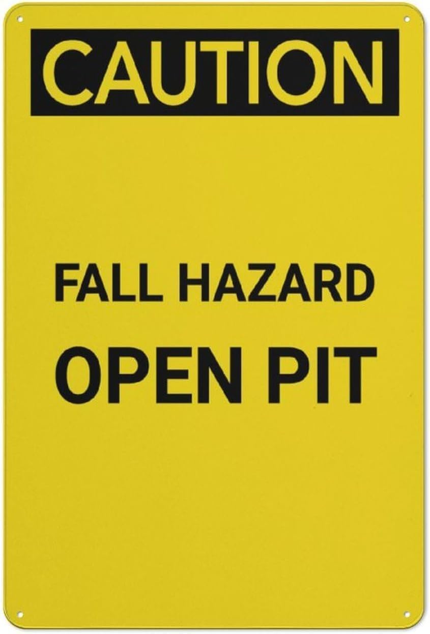 Open Pit Fall Hazard Sign, Home Garage Outdoor Pit Area Safety Warning Metal Plaque 12x8 Inch