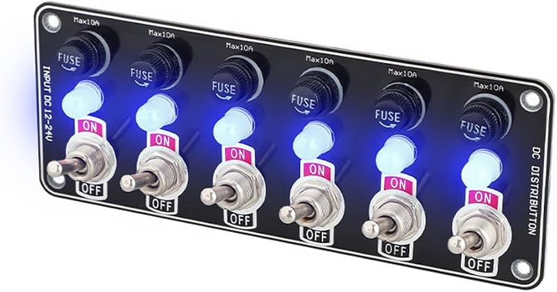 Painel de 6 interruptores tipo gang GreceYou com fusível de 10 A e luz indicadora para sistemas de 12 V/24 V – 1 unidade