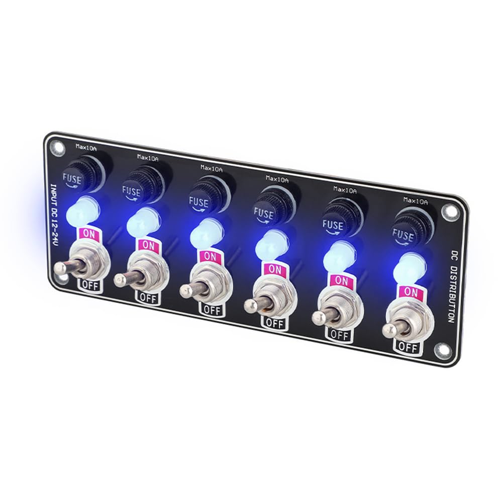 6-Gang Toggle Switch Panel - with 10A Fuse and Indicator Lamp, Waterproof Dustproof, for 12V/24V Cars, Trucks, Boats & RVs