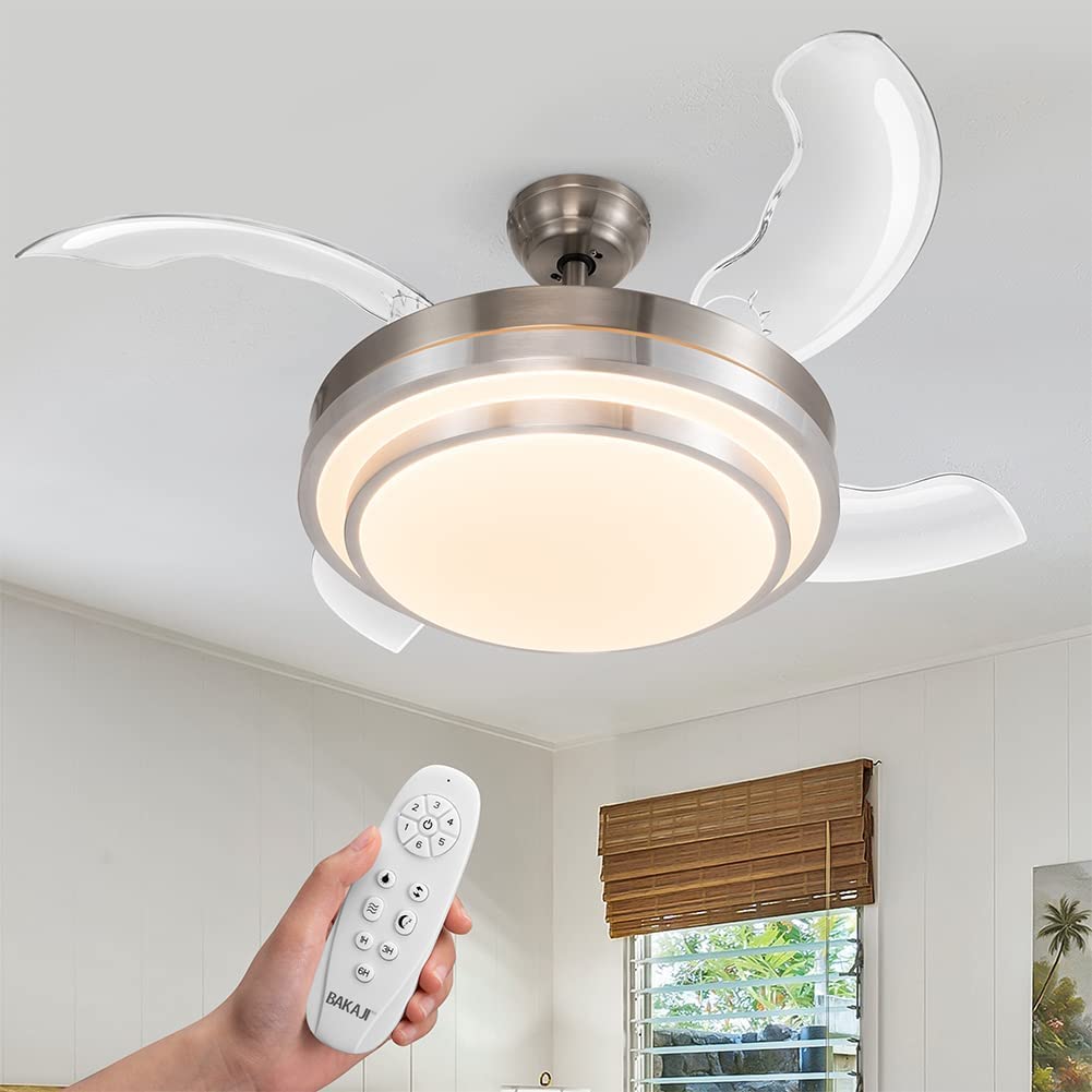 BAKAJI Ventilatore Lampadario da Soffitto 4 Pale retrattili con Lampada in Vetro Satinato 3 Velocità e Telecomando per Comando a Distanza Diametro 106 cm Colore Silver e Pale trasparenti