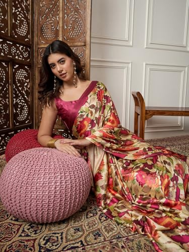 Image of AKHILAM Women's Multicolor Satin Silk Floral Printed Saree With Unstitched Blouse (SATIN1403 RJ11 Parent)