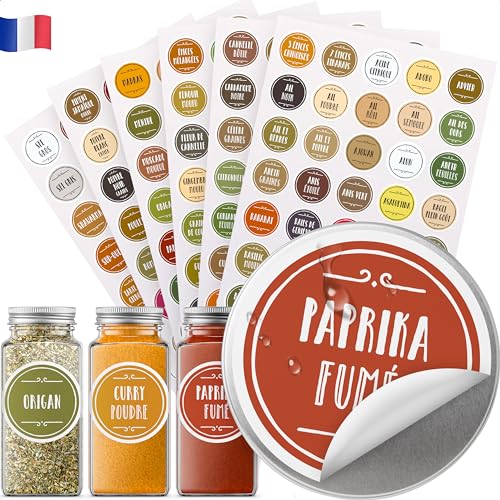 210 étiquettes à épices en français avec code couleur QuickFind™ ; autocollants cuisine pour pots à épices ; rondes de 38 mm ; résistants à l'eau et à l'huile + étiquettes supplémentaires vierges