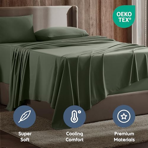 Image of Nestl Split King Bed Sheet Set - Olive Green - 5-Piece Deep Pocket | Instantly Soft, Night-One Ready (No Wash Required). Fits 16-Inch Deep Pockets, 360-Degree Elastic Grip