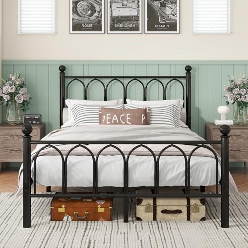 VERFARM Moderna cama de metal de 140 x 190 cm con somier, cama doble/individual, marco de cama con cabecero y reposapiés, cama juvenil para dormitorio, habitación de invitados, sin ruido, color negro