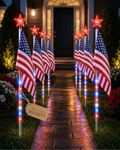RZGBJYV 4th of July Decorations Outdoor Flag Pole Light Solar Powered American Pathway Outside Patriotic LED Stake up Lighted Decor 8 Red White Blue Yard Waterproof 8 Piece Set 250th Anniversary