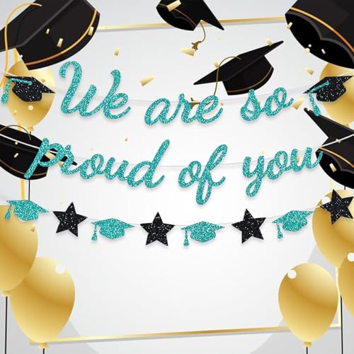 Image of We Are So Proud Of You Banner Graduation Party Decorations Glitter Congratulations Class Grad Ideas Teal
