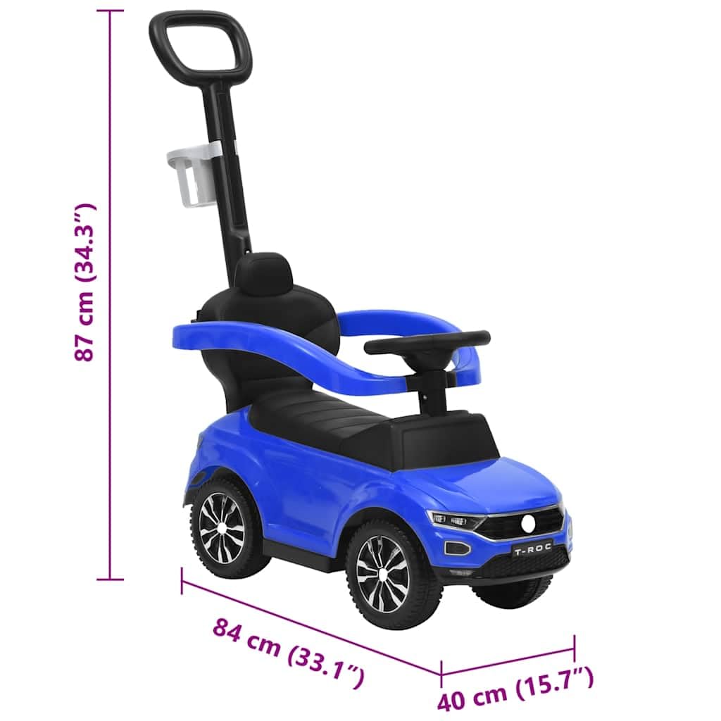 Mangloder - Coche antideslizante Volkswagen T-ROC azul para niños pequeños, andador, vehículo infantil con música, barra protectora extraíble, soporte para bebidas, espacio de almacenamiento, adecuado