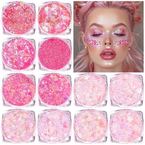 Body Glitter Face Glitter Hair Glitter for Kids 12 Shapes Fine Chunky Glitter Gel for Women Girls Makeup Sparkles Party Mermaid Sequins Rave Accessories Singer Concerts Festival (Pink Scheme)