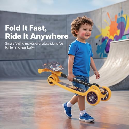 Image of Baybee Trickster Baby Kick Scooter for Kids | Foldable 3 Wheel Kids Scooter with 4 Height Adjustable & Foot Brake | Runner Scooters with Magic Board | Skate Scooter for 2+ Years Boy Girl (Yellow)