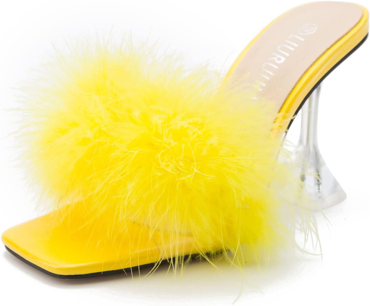 LIURUIJIA Women's Feather High Heeled Mules Slip On Sandals Square Toe Bridal Wedding Party Shoes Fuzzy Fluffy Sexy Clear Heels