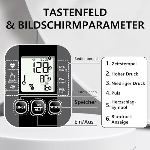 Blutdruckmessgerät Oberarm mit großem LCD-Display, Intelligentes Automatisches Blutdruckmessgeräte mit Sprachausgabe, verstellbare Manschette (22-36 cm), 2 x 99 Speicher, für den Heimgebrauch