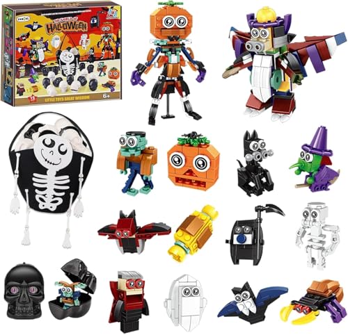 Halloween Party Bag Fillers for Kids 12 Prefilled Skeleton Skulls with 12Pcs 2- in-1-Halloween Building Blocks Toys &1 Goodie Bag Trick or Treat Pinata Fillers Party Favours for Boys Girls Kids