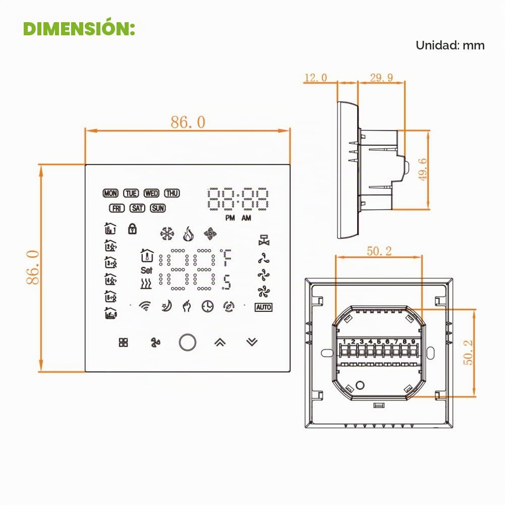 Termostato WiFi Aire Acondicionado, 4 Tubos, Pantalla LCD | Pantalla LED matricial protectora ocular,95~240V AC, compatible Alexa y Google Home