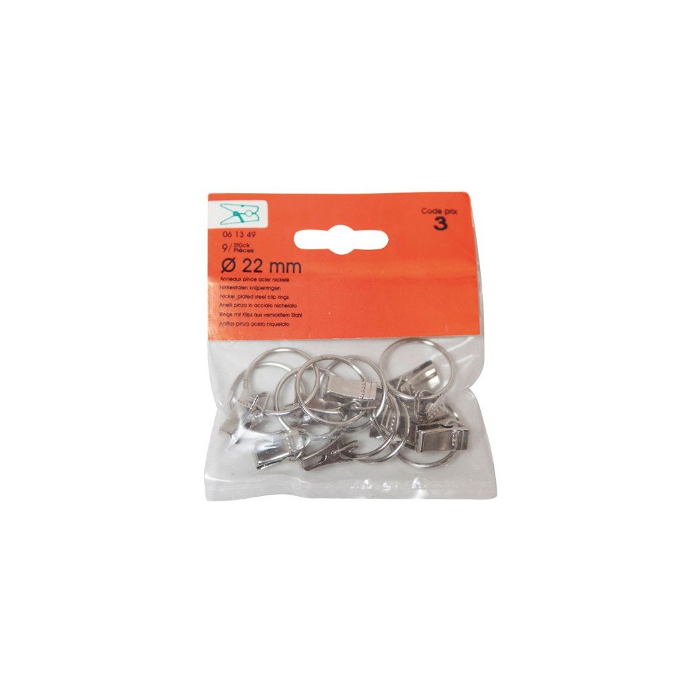 Anneau pince nickelé d.22 mm Vynex gris pour tringle et suspension rideau sans oeillet