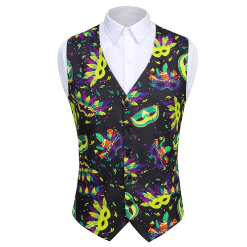 yolsun Men's Mardi Gras Vest 3D-Print Festival Party Holiday Waistcoats Mardi Gras Outfit