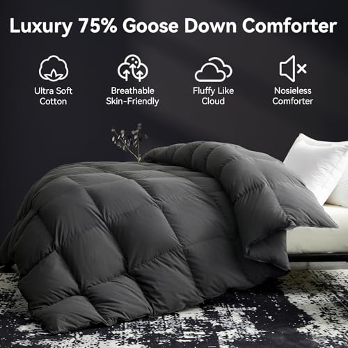 L LOVSOUL 75% Goose Down Fiber Comforter Queen Size, 750+ Fill Power Hotel Style Bedding Comforter, 1200TC, Fluffy Ultra Soft All Season Gery Duvet Insert with 8 Corner Tabs