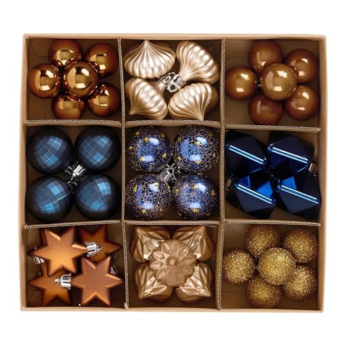 DecorbyHannah Mini Christmas Ornaments, 45ct Small Blue Copper Gold Christmas Tree Decorations, Assorted Tiny Celestial Shatterproof Plastic Decorative Hanging Ball Bulk Set for Xmas Home Table Decor