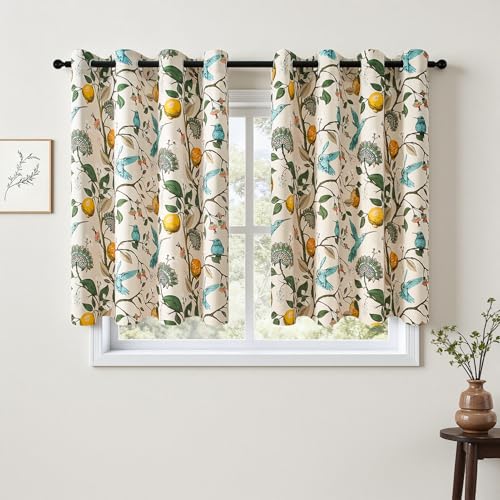 Image of Topfinel Beige Kitchen Tier Curtains 36 Inches Long Botanical Floral Hummingbird Grommet Room Darkening Half Window Drapes for Rv Cafe Basement Bathroom Dinning Room 2 Panels