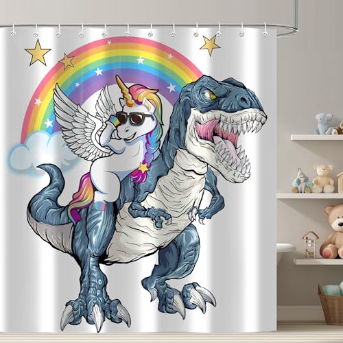 Funny Unicorn Riding Dinosaur Shower Curtain Cool Cute Cartoon Space Colorful Rainbow Fantasy Galaxy Shower Curtains for Kids Boys Girls Bathroom Set Decor Waterproof Durable with 12 Hooks 72x72