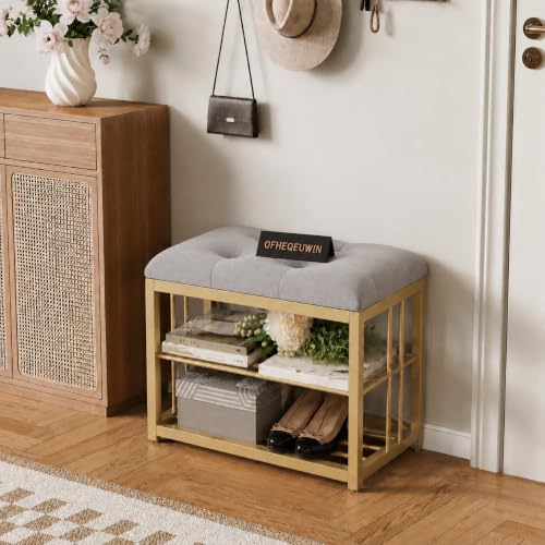 Image of Modern Shoe Rack: Covered Velvet Stool with a Cushioned Seat for Setting Stool, Space-Saving Shoe Rack The Hallway, Bedroom, and Living Room (Gray)