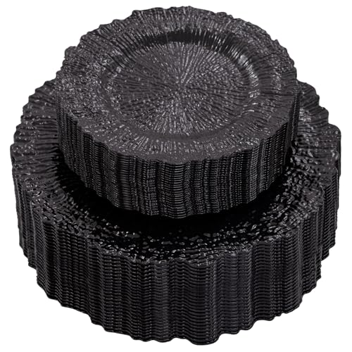 SUT 60-Count Black Disposable Plastic Plates - 10 Dinner & 7 Dessert Plate Set for Gothic Weddings Birthday Parties | Thick BPA-Free & Leakproof Party Dinnerware (60 Pack)