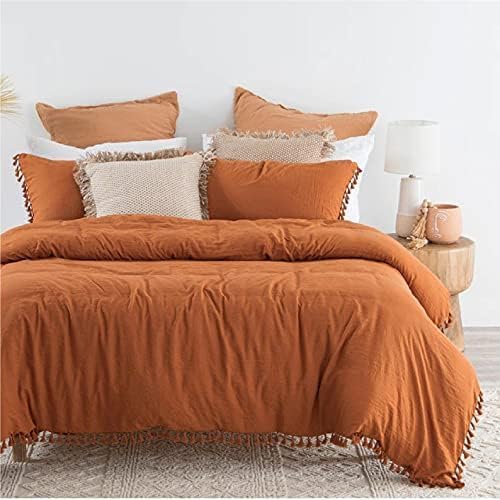 Burnt Orange Washed Duvet Cover Tufted Duvet Cover Tassel Duvet Cover Bohemian Bedding Cotton Exclusive Duvet Cover UO Bedding US Duvet Cover Comforter Cover (Single 54X80 Inches)