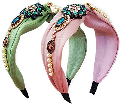 Knotted Flower Rhinestone Pearl Beaded Turban Headbands for Women - Womens Top Knot Sparkly Crystal Embellished Headbands - Jeweled Boho Bling Diamond Hairbands - Pack of 2 (pink, green)