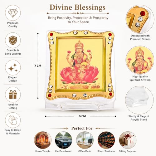 Image of Laxmi ji Car Dashboard Idol Golden Foil (Plated), Religious Frame for Car, Home Temple, Office Decor Divine Gift Item for Pooja & Festive Occasions