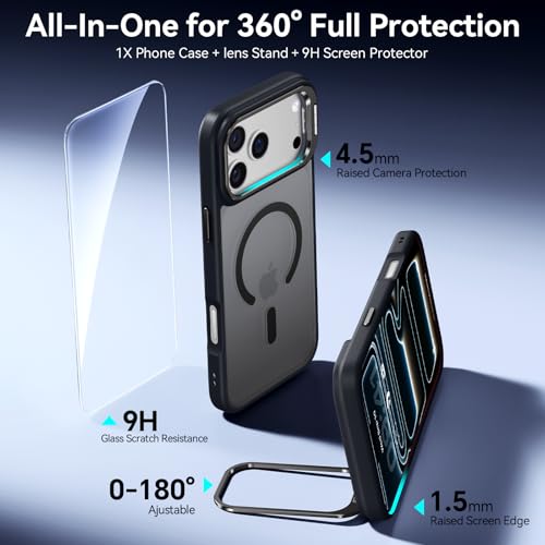 Image of for iPhone 17 Pro Max Case with Stash Lens Stand and 9H Screen Protector, Compatible with MagSafe, Military-Grade Drop Protection Phone Case for iPhone 17 Pro Max, 360 Full Protection, Black