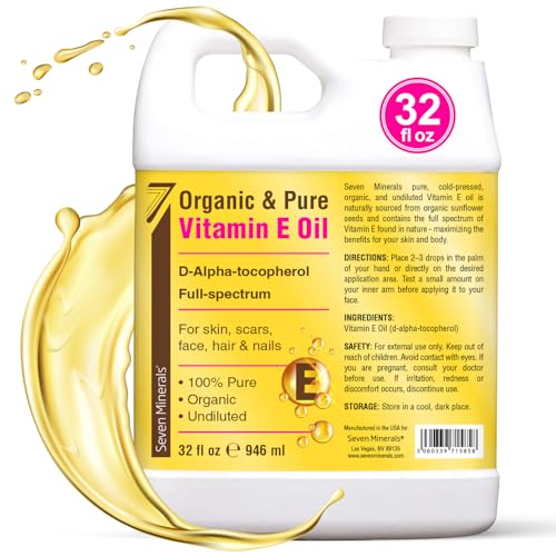 Seven Minerals Ultra Pure Vitamin E Oil - Full-Spectrum D-Alpha Tocopherol 100% Organic Vitamin E Oil for Skin Face Hair and Scars - Naturally Occurring = Not Synthetic (32 fl oz Jug)
