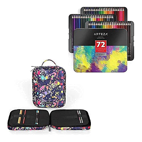 Arteza Professional Watercolor Pencils and Artist Pencil Case Organizer Bundle, Drawing Art Supplies for Artist, Hobby Painters & Beginners