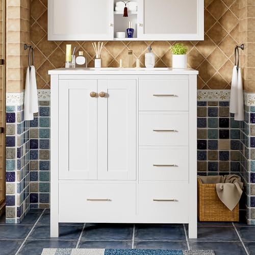 Virubi 30 Inch Bathroom Vanity with Ceramic Sink, Bathroom Storage