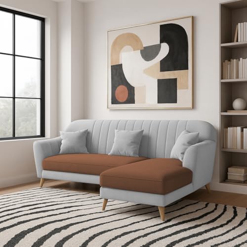 Image of Atticus RHS 4 Seater L Shape Sofa Set for Living Room (Brown Grey Fabric) Premium Fabric Sofa Set