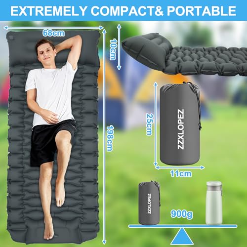 ZZXLOPEZ Isomatte Campings Selbstaufblasend, 10cm Hoch Camping Isomatte Kleines Packmaß, Wasserdicht Luftmatratze Outdoor mit Fußpressepumpe und Kissen, Aufblasbare Schlafmatte für Camping, Wandern