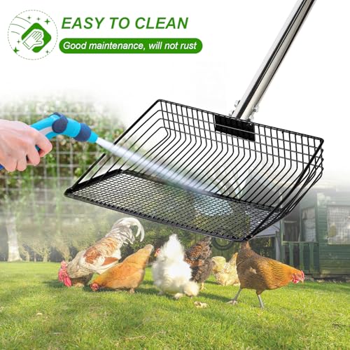 Image of 10inch Large Metal Chicken Poop Scooper, 36 inch to 75 inch Long Chicken Coop Litter Scoop with Stainless Steel Adjustable Handle, 4 in 1 Detachable Litter Sifting Shovel Scoop for Chicken Coop Accessories