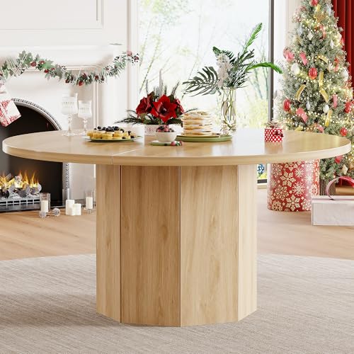 HSH Wooden Round Dining Table for 4, Modern Farmhouse Wood Dinner Table with Octagon Pedestal Base, Circular Kitchen Dining Room Table for Home, Apartment, Living Room, Light Oak, 120 CM - Image 8