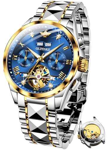 OUPINKE Men's Automatic Watch Luxury Mechanical Diamond Skeleton Self Winding Dress Wrist Watches Sapphire Crystal Tungsten Steel Business Gifts, Blue Dial & Two Tone Strap,