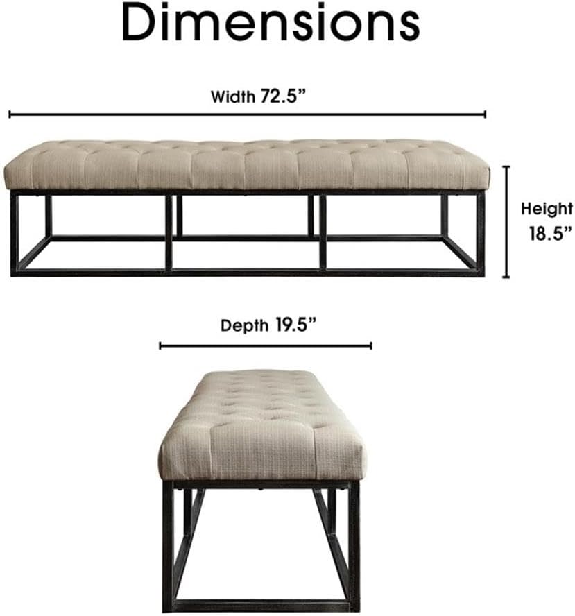 Pemberly Row Modern Tufted Bedroom Bench, Ivory Upholstered Fabric, Foam and Fiber Filling, Sleek Metal Legs, Rectangular Design, Contemporary Style Indoor Seating for Bedroom or Home Use