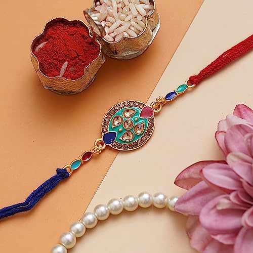 Image of eCraftIndia Peacock Designer Rakhi for Brother with Roli Chawal Pack | Mor Pankh Rakhi for Bhaiya Bhai