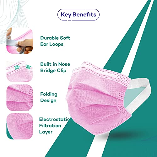 Image of Careview N95 3 Ply Disposable Face Mask Pouch with SOFT FABRIC Earloop, Certified by BFE>99% and PFE > 95%, SITRA, DRDO, ISO and CE (Pack of 50, Pink) (CV2920-SF-Pouch)