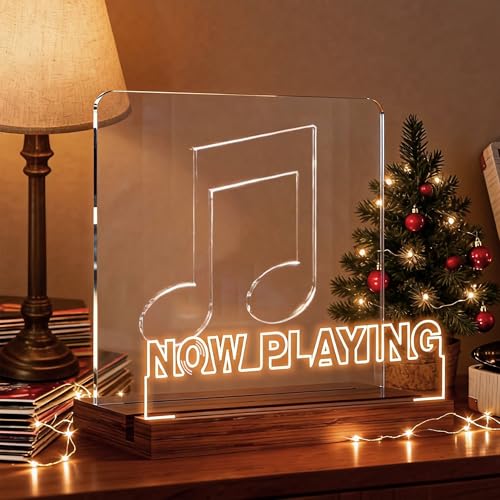 Rodioer Now Playing Vinyl Record Stand with Adjustable Brightness 5mm Acrylic & Wood Base Desktop Holder for 12 Vinyls Gift for Music Lovers