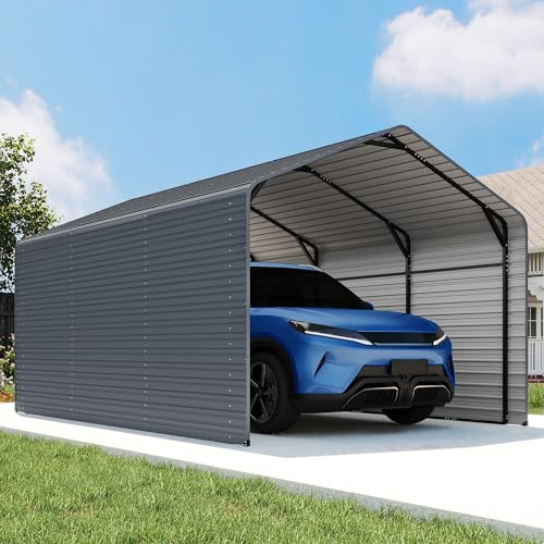 Image of 10x15FT Heavy Duty Metal Carport,Outdoor Garage with Metal Side Panels, Enclosed Car Ports with Heavy Duty Steel Frame and Galvanized Roof for Cars and Boats, Equipment Storage,Tools, Gray